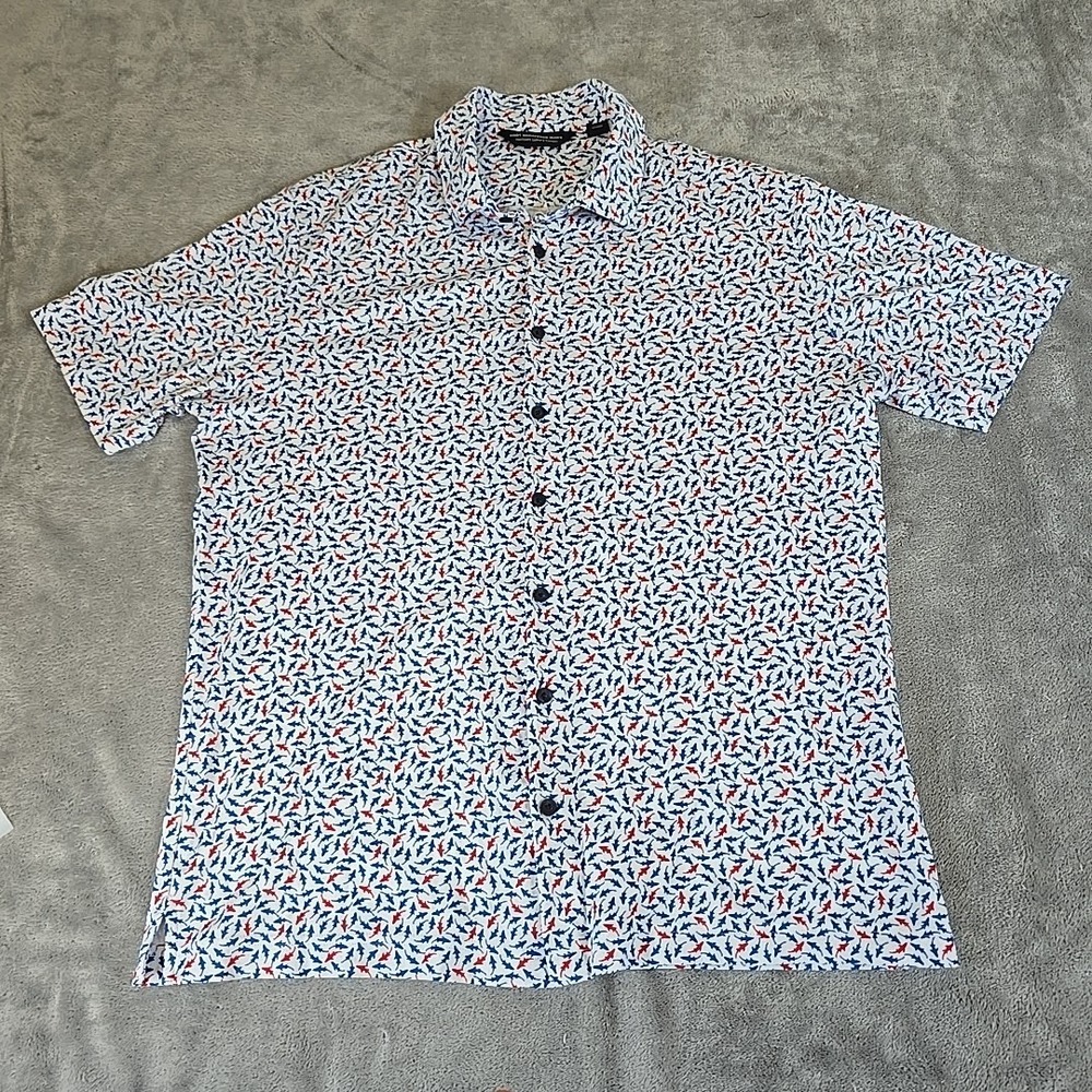 Hart Schaffner Marx Shirt Mens Large Blue/Red Shark Print Luxury Cotton Soft